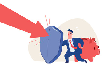 businessman with shield defending piggy bank against falling arrow