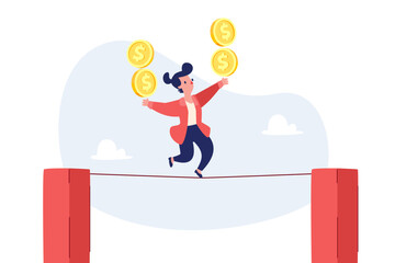 businesswoman balancing golden coins while walking on tightrope