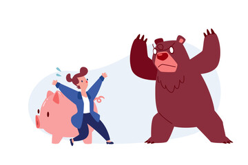 businesswoman protecting piggy bank from bear market