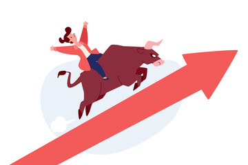 businesswoman riding bull on rising arrow chart