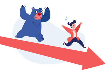 businesswoman running away from bear on downward arrow