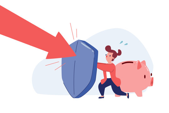 businesswoman with shield defending piggy bank against falling arrow