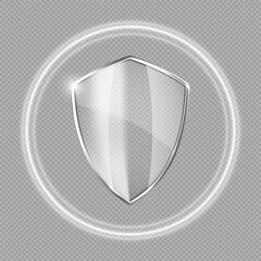 Transparent glass protection shield with glow effect. Safeguard sign. Security concept. Vector illustration