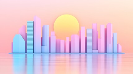 Pastel Cityscape Silhouette at Sunset Over Calm Water