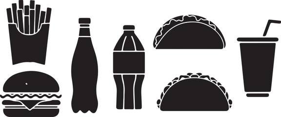  fast food, burger icon, soda bottle, taco design, restaurant vector, street food, snack meal, junk food, menu symbol, fast meal art