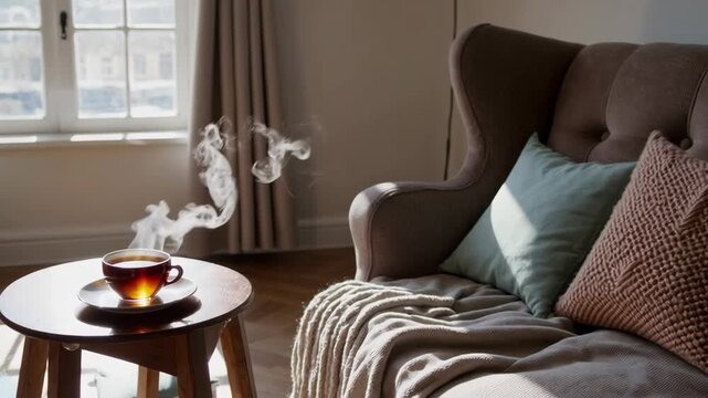 Sunlit cozy living room with steaming tea and stack of books by the window