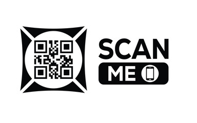 Minimalist black and white QR code icon with 'Scan Me' text on a clean background. Modern design for digital marketing, mobile app, and contactless interaction promotions.	