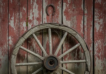 A classic, wooden wagon wheel fragment dominates the frame, leaning against a rustic, peeling red wooden wall. A lucky horseshoe is hung above the wheel, creating a rich, nostalgic still life that sym