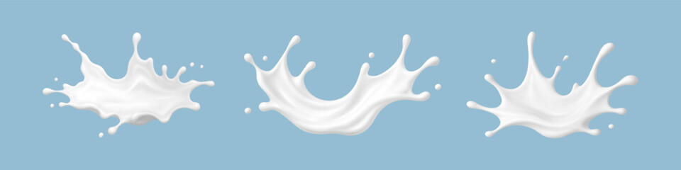 Realistic milk splashes on blue background. Vector dairy concept
