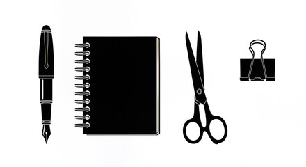 Black Silhouette Office Stationery Set: Pen, Notebook, Scissors, Binder Clip Icons on White.