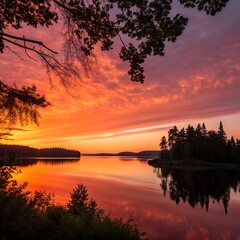 Obraz premium A serene lake at sunset with vibrant orange and purple skies. Trees line the shore, reflecting in the calm water. A peaceful natural landscape.