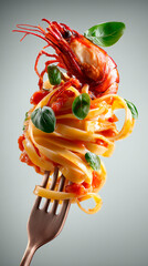 A close-up of a stylish fork tangled with pasta topped with a giant shrimp and fresh basil leaves. The pasta is coated in a rich tomato sauce, glossy and appetizing against a light background.