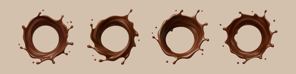 Chocolate liquid splashes on beige background. Realistic cocoa swirl set. Vector illustration