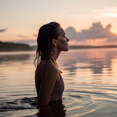 Fototapeta premium A young Caucasian woman with long brown hair stands in calm water during sunset. The sky is filled with soft clouds and warm colors.