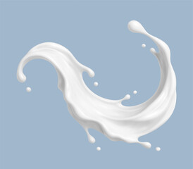 Realistic milk splash wave on blue background. Vector dairy concept