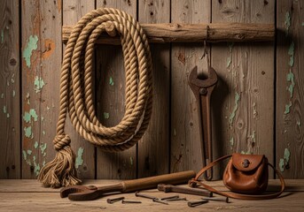 A coil of thick natural fiber rope hangs from a wooden rail against a weathered, painted wooden wall. Below, rusty old tools—including a large wrench and nails—and a small leather pouch are scattered,