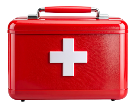 A classic red rectangular first aid kit with a bold white cross symbol on the front, 