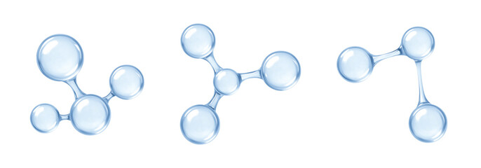 Blue glass chemical molecules. 3D abstract molecular structures isolated on white background. Vector illustration