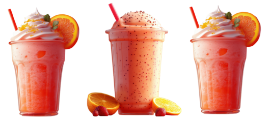 Refreshing orange smoothie with whipped cream and fruit garnish isolated on transparent background