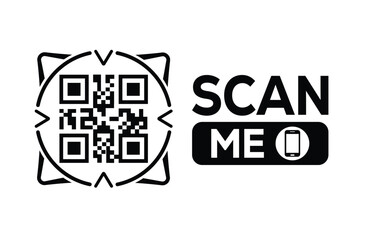 Minimalist black and white QR code icon with 'Scan Me' text on a clean background. Modern design for digital marketing, mobile app, and contactless interaction promotions.