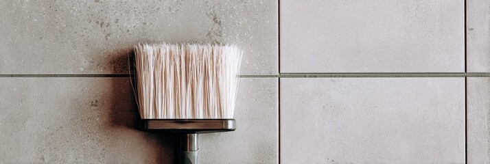 A close-up view of a paintbrush against gray tiles showcases a home improvement project in progress. The lighting highlights the textures and colors.