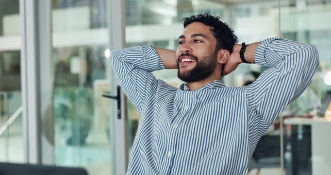 Happy, businessman and relax with laptop for completion, done or finished tasks in office. Relief, man or employee stretching with smile or computer for break, rest or productive day in workplace