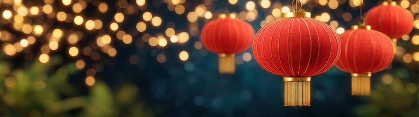 Festive celebration background of glowing lanterns and red lantern banner for chinese new year night festival decoration