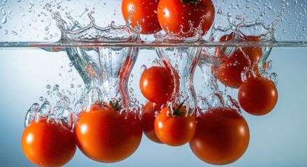 Vibrant red tomatoes plunge into clear water, creating dynamic splashes and ripples against a soft blue background; the fresh produce evokes freshness.