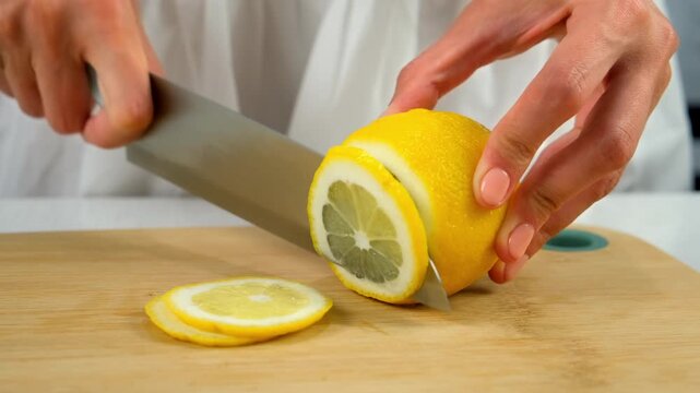 Woman hands cutting lemon into slices using sharp knife on wooden kitchen board. Preparing food dish from citrus fruit lemons. Homemade drink. Recipe cuisine culinary, ingredient.