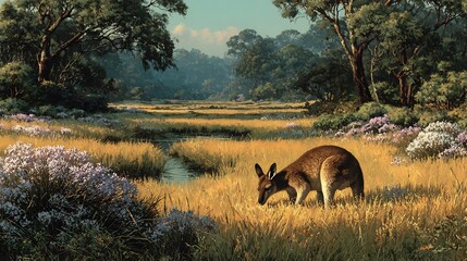Explore the Australian Outback with this stunning kangaroo grazing in a serene meadow under the trees, creating a peaceful nature scene of wildlife
