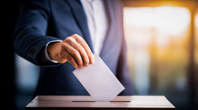 Homme en train de d&eacute;poser un bulletin de vote dans une urne