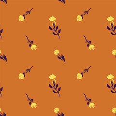 Hand drawn abstract orange loose floral seamless pattern. Flowers and leaves organic rough shapes botanical repeat background for textile