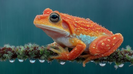 Stunning orange frog perched on mossy branch in light rain with shimmering water droplets, perfect for nature blogs or science publications
