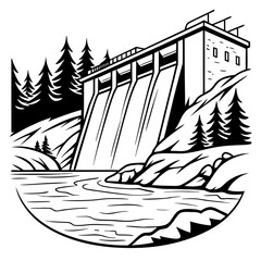 Flat vector icon of hydroelectric dam with frozen lake