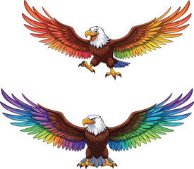 Rainbow eagle, colorful wings, majestic bird, flying eagle, vibrant feathers, symmetrical pose, wildlife art, gradient colors, digital illustration, powerful stance © Noyon Creatives