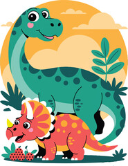 Obraz premium Adorable cartoon dinosaurs family happy scene with plants and sunset sky vector