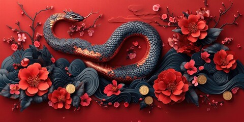 Serpent Dragon Amidst Red Blossoms and Waves