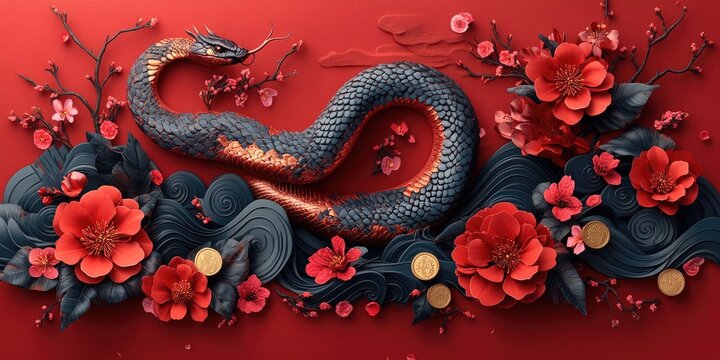 Serpent Dragon Amidst Red Blossoms and Waves
