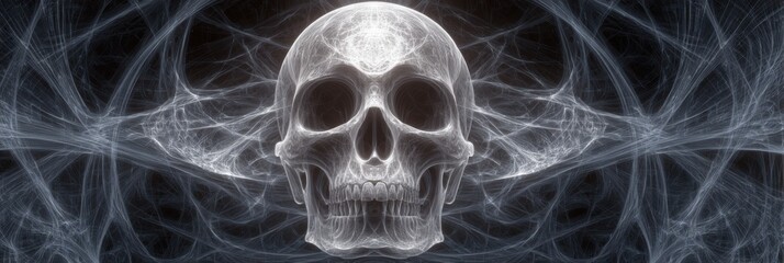 A translucent skull sits at the center, surrounded by glowing threads, creating a captivating contrast with the dark background.