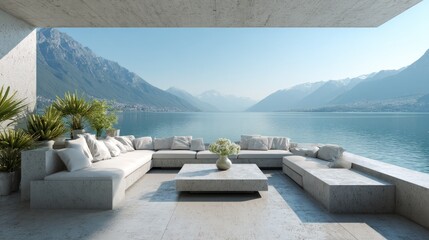 Fototapeta premium Beautiful outdoor terrace with modern lounge furniture, coffee table, and green plants, overlooking calm mountain lake landscape