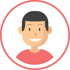Cartoon avatar of a young man with dark hair and a red shirt on a white circle