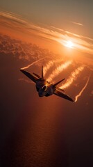 F-22 raptor fighter jet flying over ocean at sunset