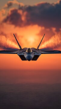 F-22 raptor fighter jet flying sunset sky