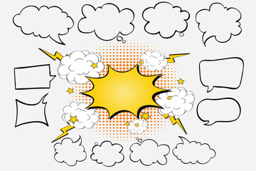 Colorful Comic Speech Bubble Set with Explosion and Halftone Background