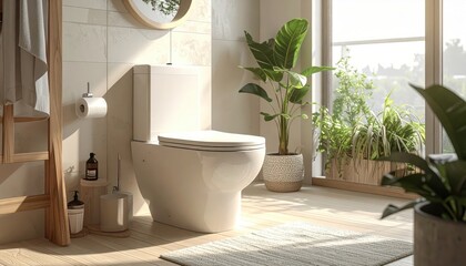 Well-lit modern bathroom interior featuring a white toilet, surrounded by natural light, wooden accents, and lush greenery with indoor plants, creating a relaxing and bright atmosphere.