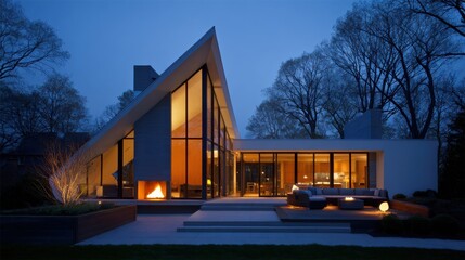 Obraz premium Stylish house featuring large glass windows and a distinctive roof shape, glowing in the evening light, with an inviting outdoor space for relaxation.