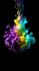 Colorful ink cloud abstract floating against a solid black background for design