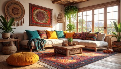 Cozy living room features natural light illuminating a comfortable, cream-colored sectional sofa with colorful throw pillows, ornate coffee table, and vibrant bohemian decor, complemented by a...