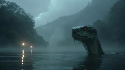 Eerie lake scene featuring a giant snake emerging from the water on a foggy day, creating a sense of mystery and suspense for captivating visuals