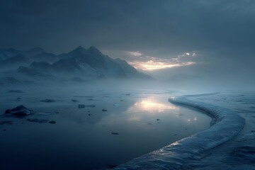 Dreamy winter landscape with snow-capped mountains and calm waters reflecting the ethereal light, perfect for travel blogs or serene nature backgrounds